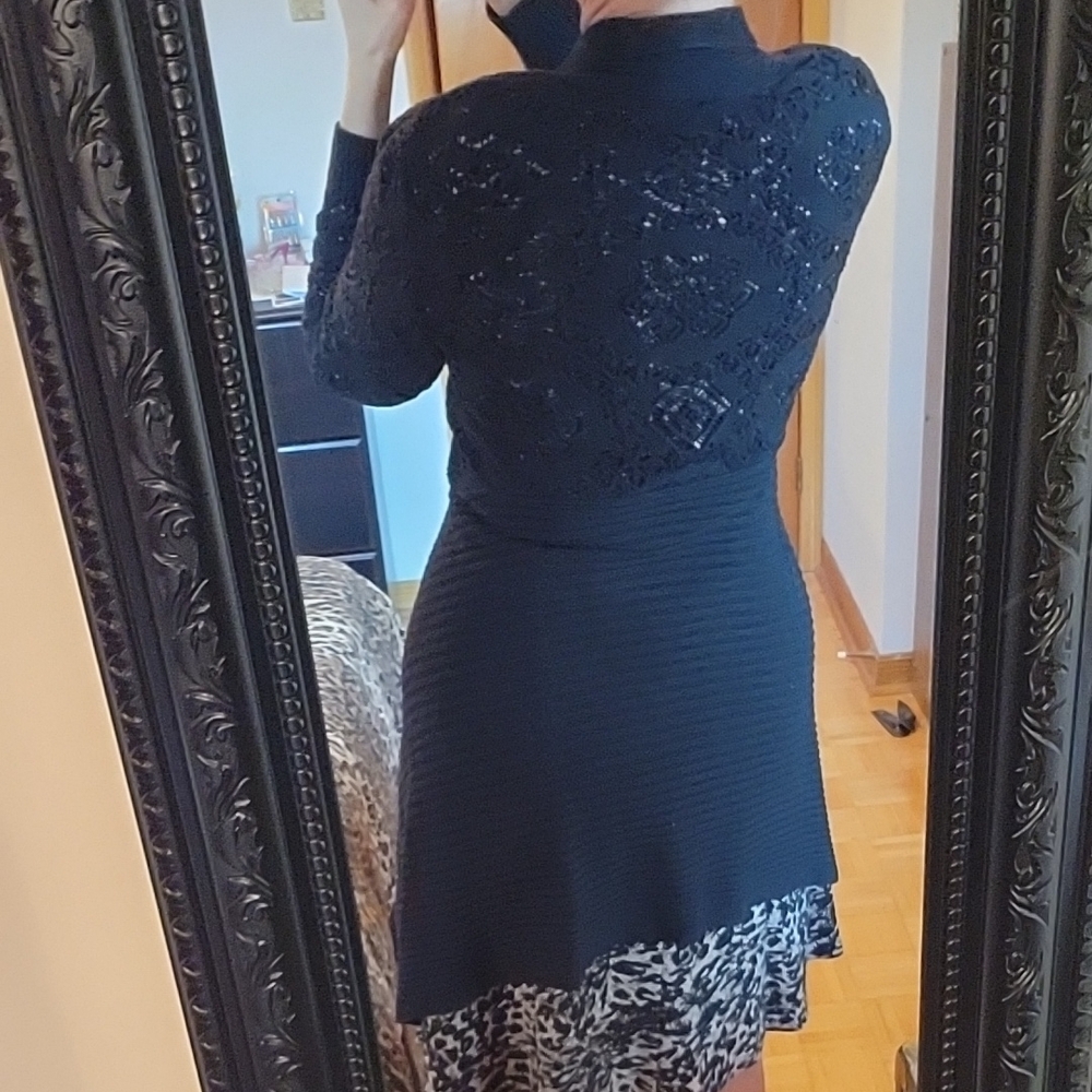Belldini Black Elegant Open Cardigan Sweater, Crochet Lace Back & Sleeves, M - Picture 5 of 16